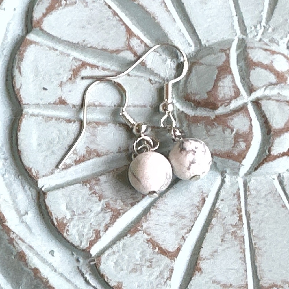 White and silver Howlite stone simple sphere dangle earrings